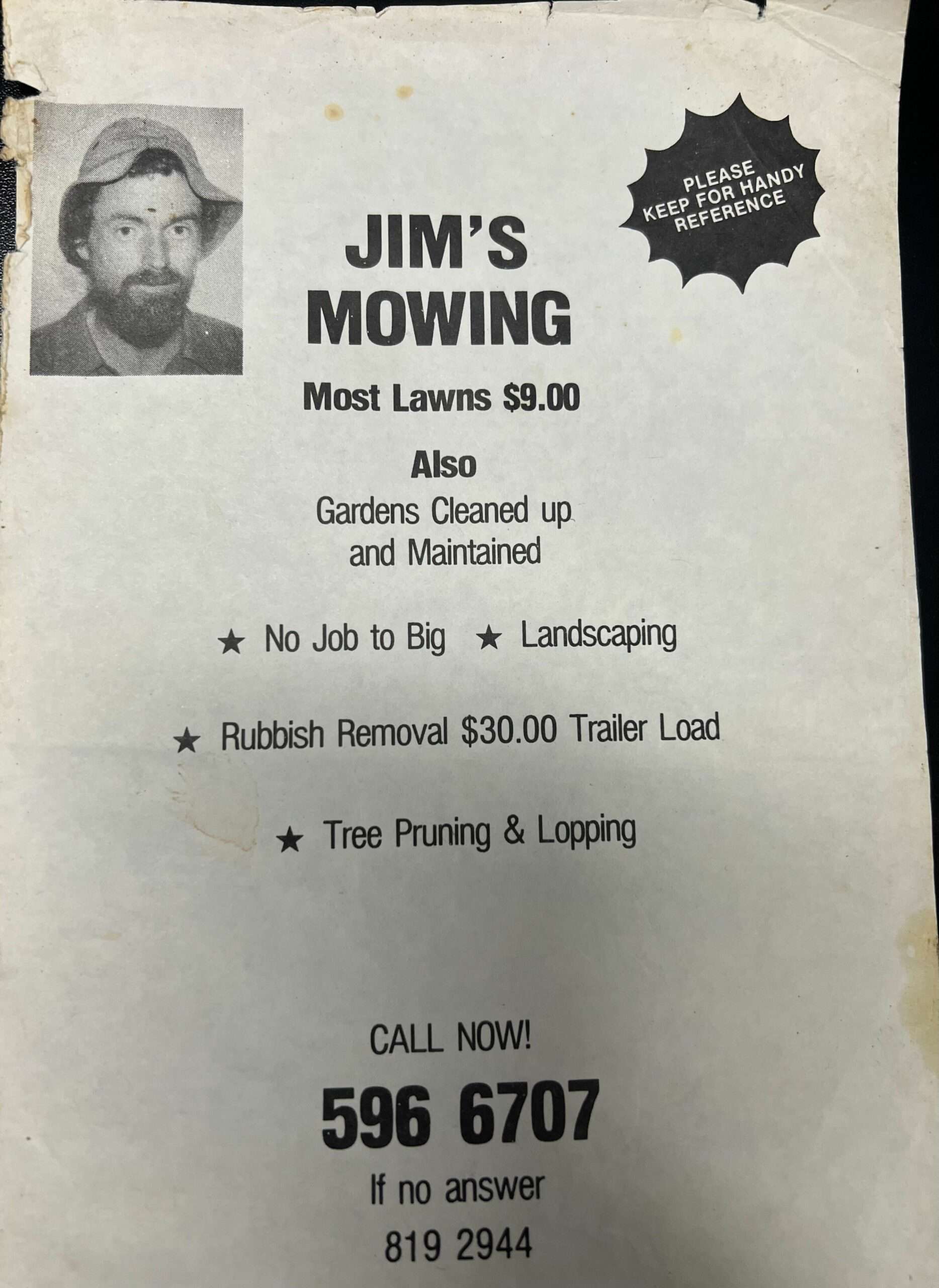 Jim's Mowing Founder, Jim Penman's very first flyer